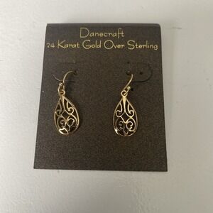 DaneCraft 24KT Gold Over 925 Sterling Silver D/C Filigree Pierced Earrings